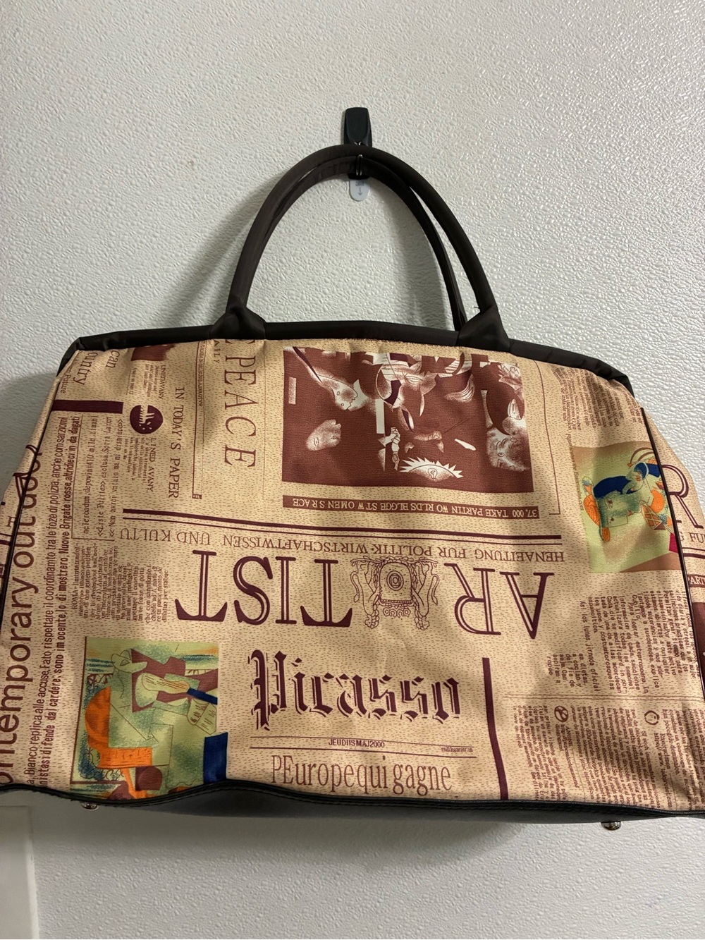 Women's Newspaper Print Tote Bag in Beige and Brown